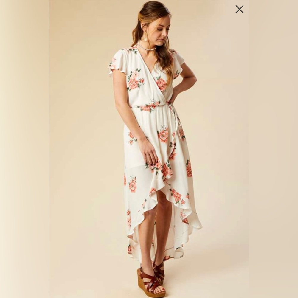 Altar'd State Women's Light Blue Pink Floral Gauze High Low Wrap Dress Small